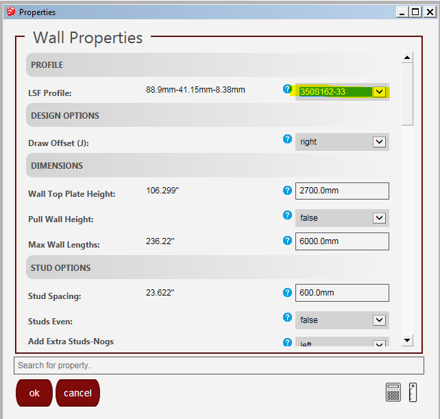 Окно Wall Properties с выбором LSF Profile и параметрами стены